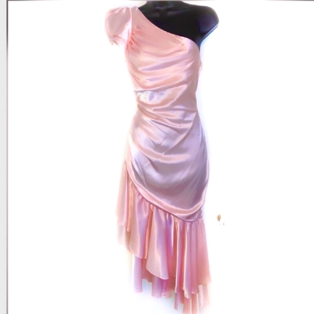 Vintage NEW LEAF by Samir 80’s Pink Satin One Shoulder Dress 6
